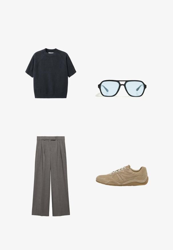 Dark gray short-sleeve knit sweater with a crew neck, featuring a loose fit and raglan sleeves, made from a soft, textured fabric.; Gray wide-leg trousers made from a textured fabric, featuring a high waist, pleats, and side pockets.; Beige suede sneaker with a low profile, textured surface, and white laces. Features a curved design and a rubber sole for grip.; Black sunglasses with rectangular frames, blue-tinted lenses, and a distinctive bridge design. Sleek finish, understated texture.; Taupe textured leather handbag with top handle, adjustable shoulder strap, and decorative knot detail on a clean white background.