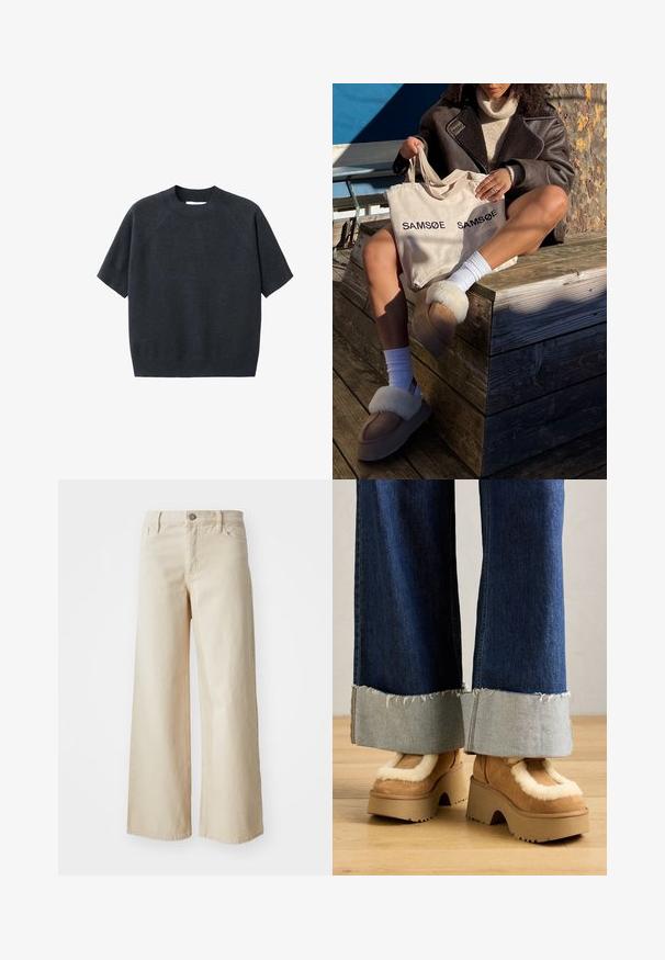 Donkergrijze korte mouwen gebreide trui met een ronde hals, met een losse pasvorm en raglanmouwen, gemaakt van een zachte, gestructureerde stof.; Beige wijdvallende jeans van denim, met een hoge taille, knoopsluiting, riemlussen en zijzakken. Gladde textuur en relaxed fit.; Bruine suède platformlaarzen met een crèmekleurige bontvoering, gecombineerd met wijde denimspijkerbroeken met rafelige zoom en een lichte denimmanchet.; Beige schoudertas met "SAMSOE" twee keer gedrukt, tan slippers met witte bontafwerking, witte sokken en een bruine schapenvachtjas op een houten oppervlak.