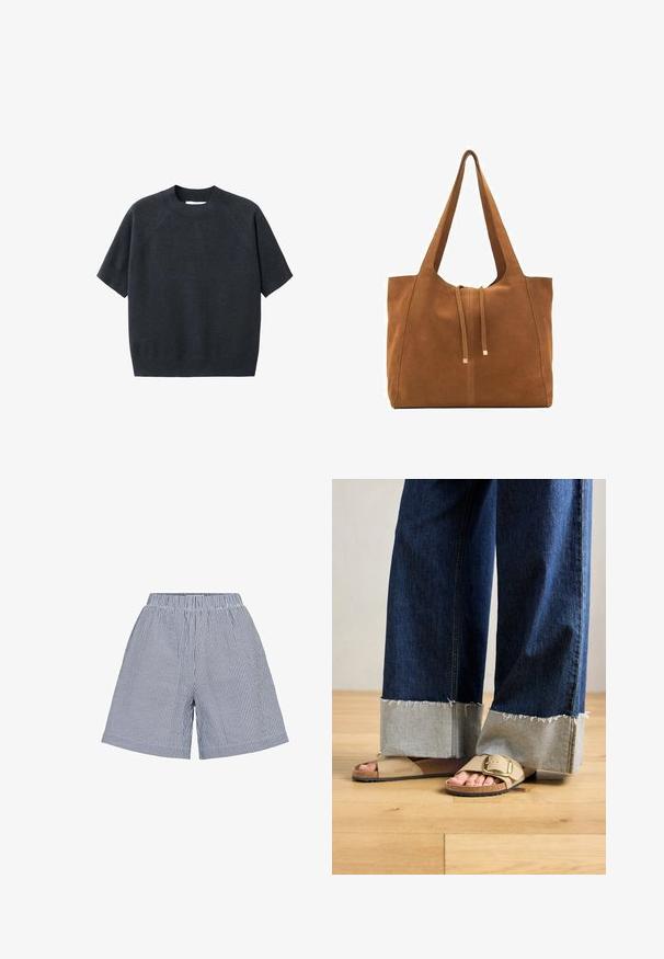 Dark gray short-sleeve knit sweater with a crew neck, featuring a loose fit and raglan sleeves, made from a soft, textured fabric.; Moves PYNNA - Shorts - nebulas blue; Feet wearing beige Birkenstock sandals with gold buckles, paired with dark blue denim jeans rolled up at the cuffs, standing on wooden floor.; Brown suede tote bag with two long straps, drawstring closure, and minimalistic design. Smooth texture and no visible hardware accents.