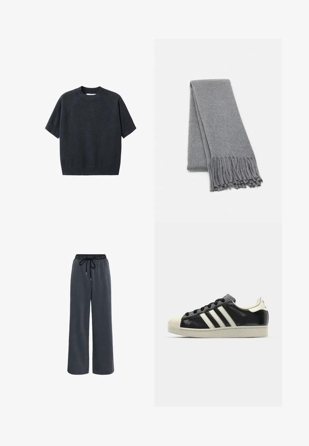 Pulover scurt, gri închis, cu mânecă scurtă și decolteu rotund, cu o croială lejeră și mâneci tip raglan, fabricat dintr-un material moale și texturat.; Kaffe NEVIL - Pantaloni - dark grey melange; Sneaker din piele neagră cu dungi albe, vârf din cauciuc, șireturi negre și talpă de culoare crem. Textură netedă cu finisaj strălucitor.; Fular din lână gri cu o textură moale, având margini franjurate și un design simplu. Pliat cu grijă, scoțând în evidență forma sa alungită.