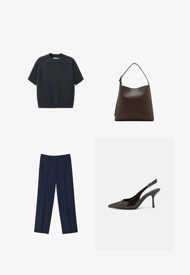 Mørkegrå kortærmet striktrøje med rund hals, fremhævet af en løs pasform og raglanærmer, lavet af et blødt, tekstureret stof.; Marineblå skræddersyede bukser med lige ben, der har forkantede plisseringer og sidelommer. Stoffet virker glat og struktureret.; Slingback højhælet sko i glat mørkebrun patenteret læder, spids tå, åbne sider og justerbar ankelrem.; Brun læderhandtaske med et buet top, enkelt skulderrem og en glat overflade. Har et minimalistisk design og åben lukning.