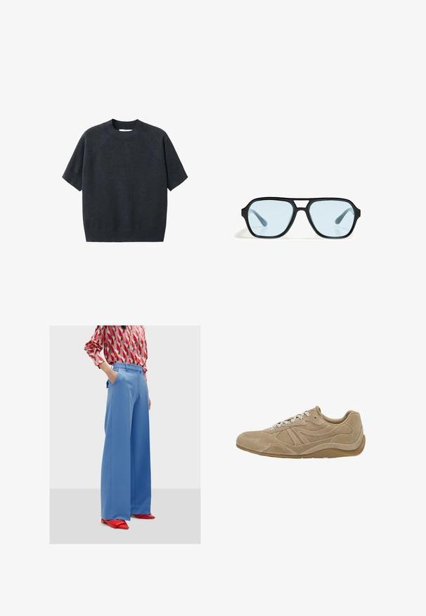 Tmavošedý krátky pletený sveter s okrúhlym výstrihom, ktorý má voľný strih a raglánové rukávy, vyrobený z mäkkej, textúrovanej látky.; Svetlomodré, široké nohavice s vreckami a hladkou textúrou, kombinované so vzorovanou červenou a ružovou košeľou s dlhým rukávom a červenými špicatými topánkami.; béžové semišové tenisky s nízkym profilom, textúrovaným povrchom a bielymi šnúrkami. Majú zakrivený dizajn a gumovú podrážku pre lepšiu priľnavosť.; Čierne slnečné okuliare s obdĺžnikovými rámami, modro sfarbenými sklami a charakteristickým dizajnom mostíka. Elegantný povrch, decentná Textúra.