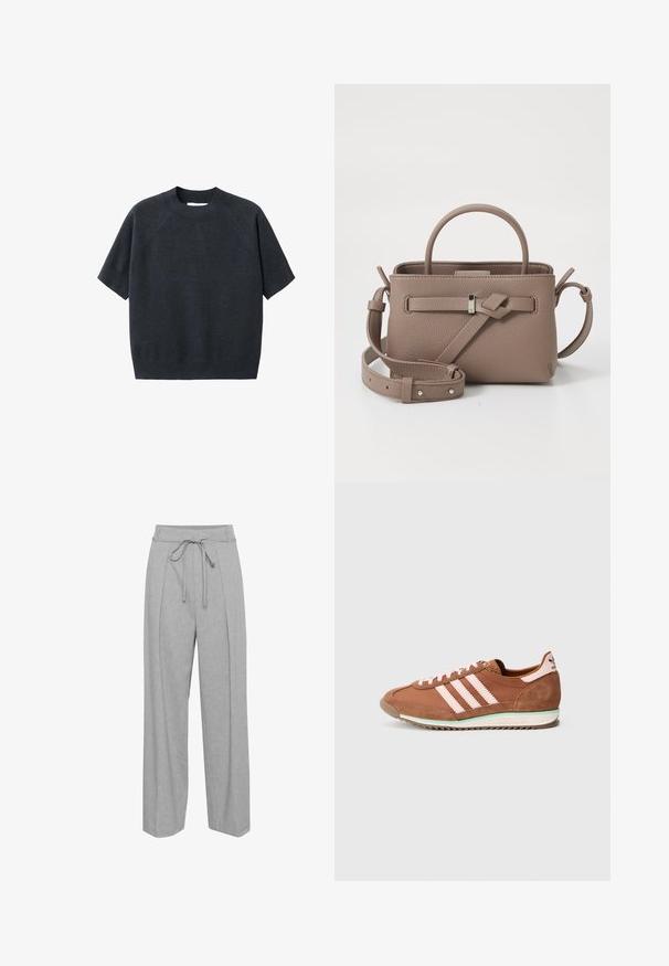 Tmavě šedý krátký rukáv pletený svetr s kruhovým výstřihem, s volným střihem a raglánovými rukávy, vyrobený z měkké texturované látky.; Šedé plátěné kalhoty s širokými nohavicemi a vysokým pasem, se stahovací šňůrkou, sklady v přední části a jemně texturovaným povrchem.; Hnědý a růžový teniska Adidas s semišovými detaily, třemi růžovými pruhy na boku a bílou podrážkou se zeleným akcentem.; Taupe texturovaná kožená kabelka s horním uchopem, nastavitelným ramenním popruhem a dekoračním detailem uzlu na čistém bílém pozadí.