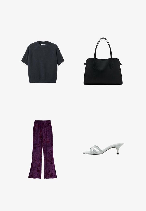 Donkergrijze korte mouwen gebreide trui met een ronde hals, met een losse pasvorm en raglanmouwen, gemaakt van een zachte, gestructureerde stof.; Paarse, vloeiende broek met een bloemmotief in donkere tinten, gemaakt van een lichtgewicht stof met een elastische tailleband. Uitlopende stijl.; Lichtgrijze hakken met drie kruislings geplaatste banden, een slank profiel en een taps toelopende hak. Gladde textuur met een lichtglanzende afwerking.; Zwarte leren handtas met dubbele schouderriemen, rechthoekige vorm en minimalistisch ontwerp op een witte achtergrond.