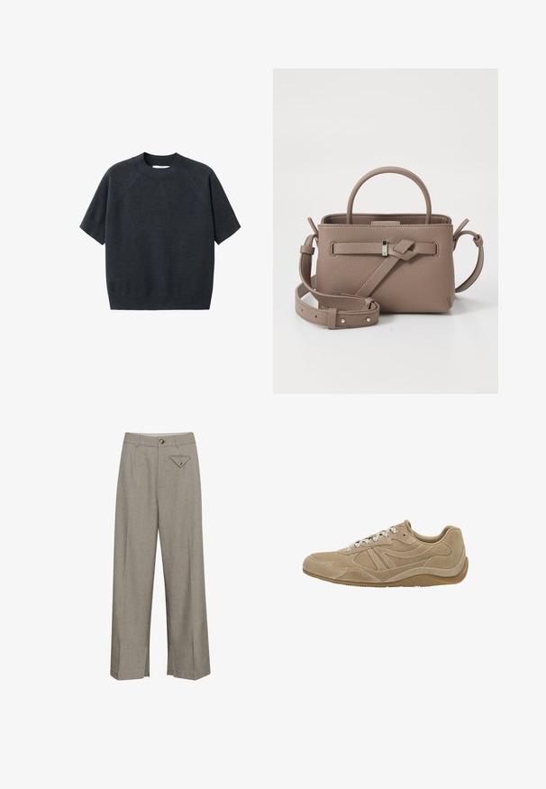 Maglione a maniche corte grigio scuro a maglia con colletto tondo, caratterizzato da una vestibilità morbida e maniche raglan, realizzato in un tessuto soffice e texturizzato.; Pantaloni a gamba larga in tessuto grigio chiaro, con chiusura anteriore a bottone, due tasche laterali e una tasca posteriore decorativa a forma di rombo.; Sneaker in suede beige con profilo basso, superficie texturizzata e lacci bianchi. Presenta un design curvo e una suola in gomma per una migliore aderenza.; Borsa in pelle texturizzata taupe con manico superiore, tracolla regolabile e dettaglio a nodo decorativo su uno sfondo bianco pulito.