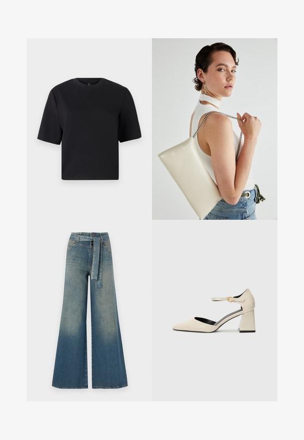 T-shirt noir à manches courtes, encolure ronde, fabriqué en coton lisse ; coupe décontractée, design minimaliste, sans motifs ni accents visibles.; Pantalons en denim à jambe large présentant un dégradé de bleu clair à bleu foncé, taille haute, passants de ceinture et une ceinture en tissu assortie. Finition en denim texturé.; Chaussures à talons blocs en simili cuir beige avec un bout pointu, une bride autour de la cheville et des détails subtils en texture crocodile. Doublure intérieure noire.; Pochette rectangulaire blanche en matériau brillant, avec une bandoulière en chaîne argentée. Le modèle pose en mettant en valeur le sac contre un fond uni.
