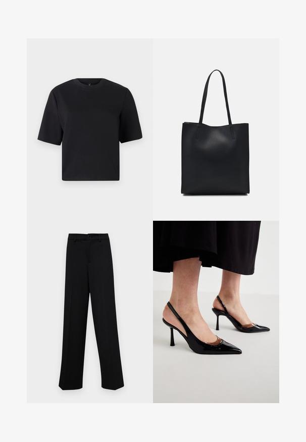 Schwarzes T-Shirt mit kurzen Ärmeln, runder Halsauschnitt, aus glattem Baumwollstoff; lockere Passform, minimales Design, keine sichtbaren Muster oder Akzente.; Schwarze, weit geschnittene Hosen aus glattem Stoff, mit einem klassischen Taillenbund und einem Knopfverschluss sowie vorderen Falten.; Schwarze Lackleder-Slingback-High Heels mit spitzen Zehen und klaren Ausschnitten an der Vorderseite, auf einer schlichten hellen Oberfläche positioniert.; Schwarze Laptoptasche aus Leder mit glatter Textur, rechteckiger Form und zwei langen Griffen. Keine sichtbaren Beschläge oder Verzierungen.