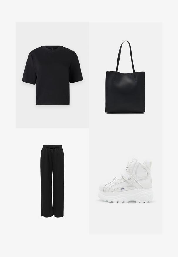 Black short-sleeve t-shirt, round neckline, made from smooth cotton fabric; relaxed fit, minimal design, no visible patterns or accents.; Black wide-leg pants made from soft fabric, featuring a stretchy waistband with a drawstring for adjustable fit. No patterns or accents.; White high-top sneakers made of leather, featuring a buckle strap, round toe, thick sole, and vertical stitching details.; Black leather tote bag with smooth texture, rectangular shape, and two long handles. No visible hardware or embellishments.