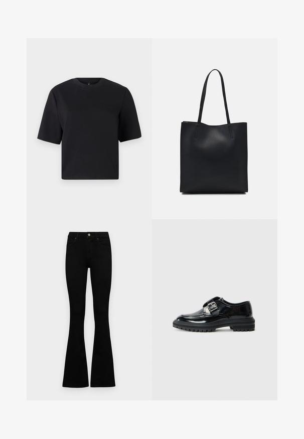 Črna kratka majica s kratkimi rokavi, okroglo izrezana, izdelana iz gladkega bombažnega materiala; udoben kroj, minimalističen dizajn, brez vidnih vzorcev ali dodatkov.; Črne visokotopne kavbojke z gumbom in zadrgo, sprednjimi žepi in razširjenimi hlačnicami, poleg bel background.; Črne sijoče usnjene loafer čevlje s srebrnim zaponko in debelim gumijastim podplatom z profilom, prikazani v profilu na belem ozadju.; Črna usnjena torba s svilnato teksturo, pravokotne oblike in dvema dolgima ročajema. Brez vidnih metalnih delov ali okrasnih elementov.