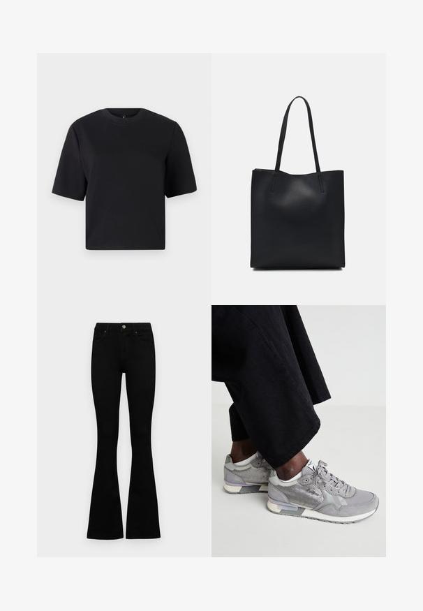 Schwarzes T-Shirt mit kurzen Ärmeln, runder Halsauschnitt, aus glattem Baumwollstoff; lockere Passform, minimales Design, keine sichtbaren Muster oder Akzente.; Schwarze hochtaillierte Jeans mit einem Knopf- und Reißverschluss, Fronttaschen und ausgestellten Beinen, flach auf einem weißen Hintergrund ausgelegt.; Graue Sneaker aus Mesh- und Wildledermaterialien, mit einer weißen Sohle, hellgrauen Akzenten und Schnürsenkeln. Tragen mit lockeren schwarzen Stoffhosen.; Schwarze Laptoptasche aus Leder mit glatter Textur, rechteckiger Form und zwei langen Griffen. Keine sichtbaren Beschläge oder Verzierungen.