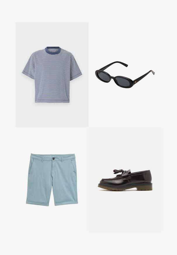 Zils un balts svītrainais T-krekls ar īsām piedurknēm, apaļu kakla izgriezumu un brīvu piegriezumu, izgatavots no mīkstas, vieglas auduma.; Gaiši zili šorti, izgatavoti no auduma ar gludu tekstūru. Iekļauta pogu aizdare, jostas cilpas un sasistie mali.; Brūni ādas loafers ar austu dizainu, pērlīšu detaļām un plakanu gumijas zoli. Iezīmē gludu apdari un kontrastējošas šuvju detaļas.; Melnu pārspīlēto saulesbrilles ar ovālām lēcām, gludu plastmasas rāmja un zelta akcentiem uz tempļiem. Tumšie lēcas nodrošina saules aizsardzību.
