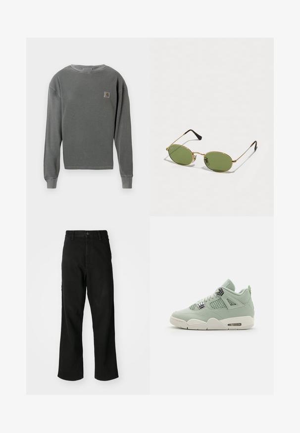 Hallhunnik, halli pikad varrukad, ümar kaelus, millel on ribakujundus. Vasakul rinnal on väike ruudukujuline logo ja ribakujundusega varrukate otsad.; Mustad sirged teksad, millel on nupuvärk, vöökohad ja ees olevad taskud, valgel taustal.; Hele roheline spordijalats nahast ülemise, võrkpaneelide, valge tallaga ja iseloomulike aktsentidega. Omab kingapaelu ja õhukindlat tallaga kontsas.; Kübariklaasid roheliste läätsede ja kuldse metallraami ning tumedate pruunide plastikuppudega. Kerged, ühe läätses on nähtav Ray-Ban logo.