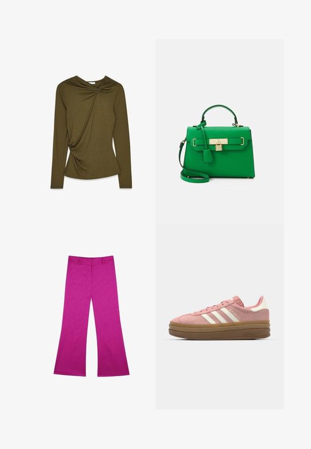 Langarmoberteil in Olivgrün mit einem gedrehten Vorderteil und weicher Textur. Figurbetonte Form mit abgerundetem Saum und gerafftem Halsausschnitt.; Rosa ausgestellte Hose mit einem strukturierten Wellenmuster, ausgestattet mit einem Taillenbund und ohne sichtbare Hardware. Der Stoff wirkt glatt und dehnbar.; adidas Originals GAZELLE BOLD - Sneaker low - mauve/off white; Grüne Lederhandtasche mit strukturiertem Design, goldfarbener Hardware, einem oberen Griff und einem abnehmbaren Schultergurt. Mit einem Schlossakzent und strukturierter Oberfläche.