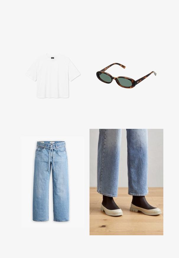 Biała, krótka koszulka z bawełny, z okrągłym dekoltem i krótkimi rękawami. Prosty design bez wzorów i akcentów.; Jasnoniebieskie dżinsy w szerokim kroju z wysokim stanem, z zapięciem na guziki i zamek oraz sznurkiem w talii. Zakończenie w surowym wykończeniu.; Brązowe gumowe botki do kostki z teksturowaną kremową podeszwą, w połączeniu z jasnoniebieskimi spodniami dzwonami. Tekstura jest gładka z żłobionym wzorem.; Okulary przeciwsłoneczne w kolorze tortoise z owalnymi oprawkami i zielonymi soczewkami. Posiadają cienkie zauszniki z metalowym akcentem przy zawiasach.