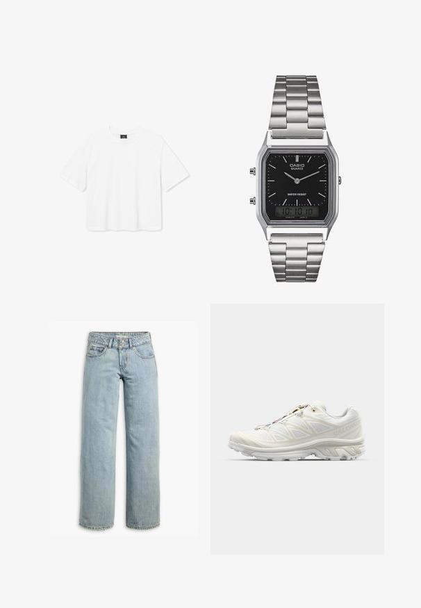 Tricou alb scurt din bumbac, cu decolteu rotund și mâneci scurte. Design simplu, fără modele sau accente.; Jeans din denum albastru deschis cu un design cu picior larg, având talie înaltă, stil clasic cu cinci buzunare și ușoare estompari pentru textură.; Adidași albi cu un superior din plasă respirabilă, accente texturate și o talpă amortizantă. Caracteristici un sistem de șireturi rapide pentru o ajustare ușoară.; Ceas de quartz din oțel inoxidabil argintiu, cu un cadran rectangular negru, având ace analogice, afișaj digital și etichetă de rezistență la apă.