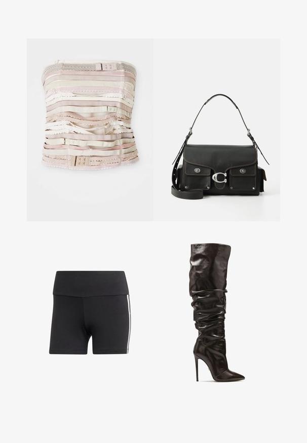 Bezramieniowy fason w odcieniach beżu, z poziomymi paskami materiału o różnych fakturach, akcentami koronkowymi oraz regulowanym zapięciem na górze.; Czarne sportowe szorty z szerokim pasem, wykonane z elastycznego materiału. Posiadają białe paski po bokach oraz dopasowany krój.; Kazar - Muszkieterki; Czarna skórzana torebka na ramię z klapką, srebrnymi detalami, dwiema przednimi kieszeniami, kontrastowym przeszyciem oraz odpinanym paskiem na ramię.
