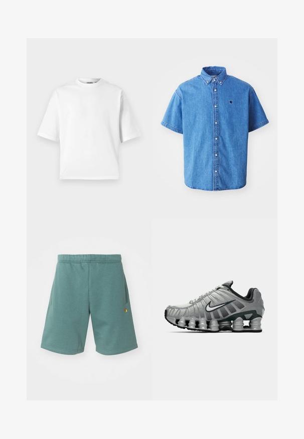 Tricou alb cu mânecă scurtă, fabricat din bumbac. Are un guler clasic de tip crew și o croială lejeră, cu o textură netedă. Fără modele sau accente.; Cămașă din denim cu mânecă scurtă, de culoare albastru deschis, cu guler button-down, având un logo pe piept și detalii de cusătură notabile.; Pantaloni scurți dintr-un amestec de bumbac, de culoare teal, cu un brâu elastic, buzunare laterale și un mic accent cu logo auriu pe picior.; Adidas de alergare gri și negru, cu amortizare vizibilă sub talpă, asemănătoare unui arc, și un logo swoosh alb pe lateral.