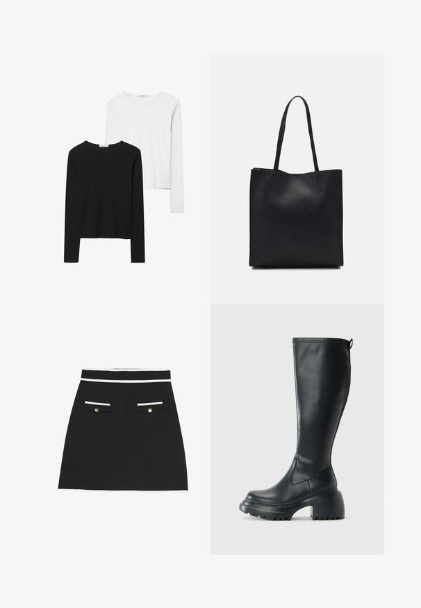 Černé a bílé trička s dlouhým rukávem, se zaoblenými výstřihy, měkkou tkaninou a přiléhavým designem se přímými lemy.; Černá sukně s bílým lemem na pase a kapsách. Obsahuje dvě přední kapsy se zlatými knoflíky. Hladká textilie.; Vysoká černá kožená bota s masivní platformou a blokovým podpatkem, s poutkem a texturovaným vzorkem na podrážce.; Černá kožená taška přes rameno s hladkým povrchem, obdélníkovým tvarem a dvěma dlouhými uchy. Žádné viditelné kování ani ozdoby.