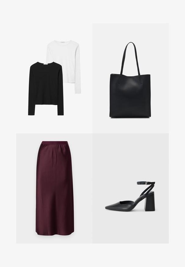 Čierne a biele tričká s dlhým rukávom, s okrúhlymi výstrihmi, jemnou tkaninou a priliehavým strihom so rovnými spodnými krajmi.; Gina Tricot ELASTIC MIDI SKIRT - Maxisukňa - wine; Čierne kožené lodičky s špicatou špičkou a členkovým remienkom, s masívnym podpätkom. Hladký povrch, elegantný dizajn a minimalistická estetika.; Čierna kožená taška na rameno s hladkým povrchom, obdĺžnikovým tvarom a dvoma dlhými uchami. Bez viditeľného kovania alebo ozdôb.