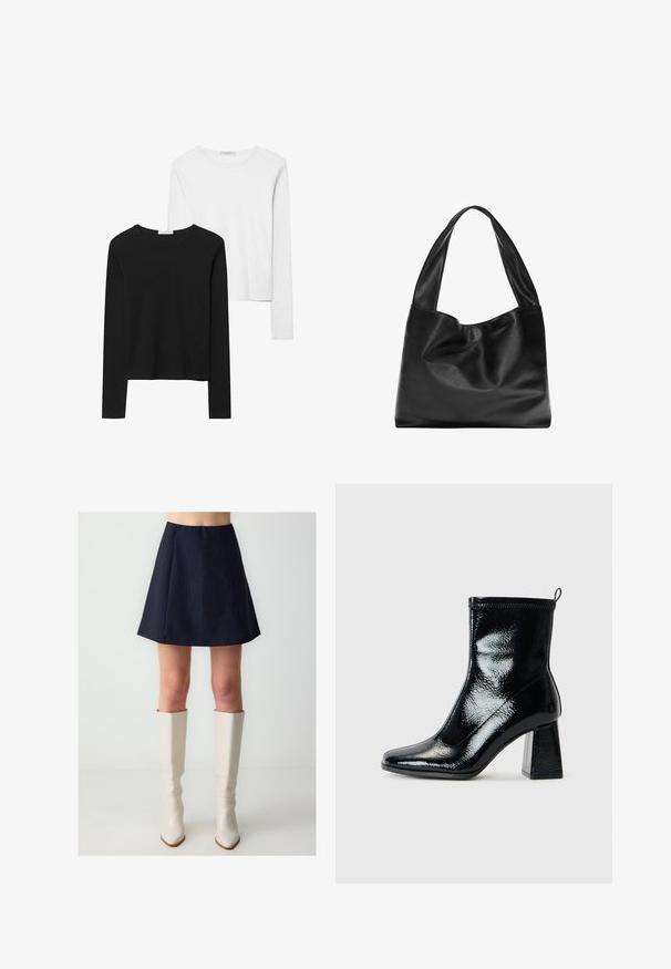 Czarno-białe koszulki z długim rękawem, z okrągłymi dekoltami, z miękkiego materiału, o dopasowanym kroju i prostych zakończeniach.; Granatowa spódnica typu A z pionowymi paskami, plisowanym krojem i elastycznym pasem. Połączona z błyszczącymi, wysoko zapiętymi białymi butami.; Czarne lakierowane botki za kostkę ze kwadratowym noskiem i masywnym geometrycznym obcasem. Charakteryzują się gładką, błyszczącą teksturą oraz tylną pętelką do łatwego zakładania.; Czarna skórzana torba na ramię o miękkim, zwisającym fasonie, szerokich uchwytach i gładkiej fakturze. Brak widocznych elementów metalowych lub ozdób.