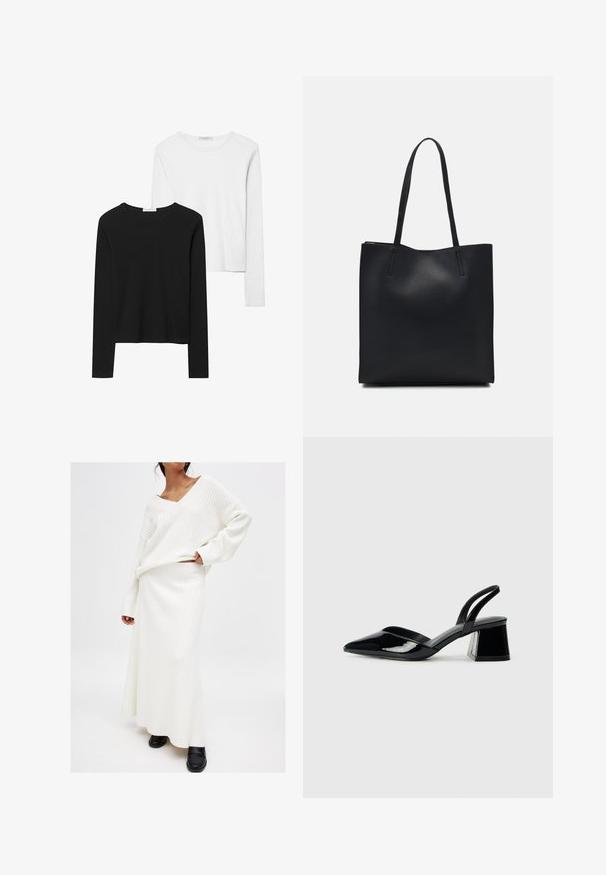 Sorte og hvide langærmede t-shirts med rund hals, blødt stof og en tætsiddende design med lige kant.; Hvidribbet strikket sweater med V-udskæring og lange ærmer, parret med en matchende lang nederdel. Fremhævet med en afslappet pasform og struktureret stof.; Sorte patentlæder slingback hæle med spids tå og en geometrisk blok hæl. Har et elegant, minimalistisk design og en glat tekstur.; Sort læder tote taske med glat tekstur, rektangulær form og to lange hanke. Ingen synlig hardware eller udsmykninger.