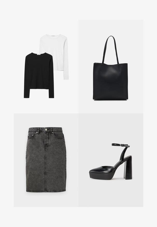 Musta ja valkoinen pitkähihainen t-paita, jossa on pyöreät kaula-aukot, pehmeä kangas ja vartalonmyötäinen muotoilu suorin helmoin.; Mustat farkuhameet, joissa on suora leikkaus, edessä nappisulku, vyölenkit ja hienovarainen kulutustekstuuri, sekä kaksi sivutaskua.; Mustat korkeat platform-kengät, joissa on terävä kärki ja säädettävä nilkkaremmi. Valmistettu sileästä nahasta ja varustettu paksulla lohkokorkeudella.; Mustapahkainen kangaskassi, jossa on sileä pinta, suorakaiteen muotoinen ja kaksi pitkää kahvaa. Ei näkyvää metalliosaa tai koristeita.