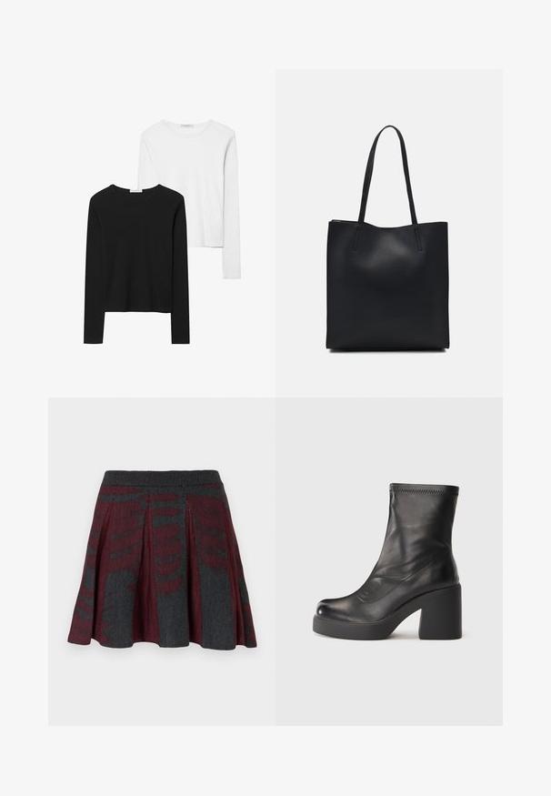 Schwarz-weiß gestreifte Langarmshirts mit Rundhalsausschnitten, weichem Stoff und einer taillierten Passform mit geraden Säumen.; Strick-Gegurtete Minirock mit bordeauxrotem und dunkelgrauem abstraktem Muster sowie geripptem Bund.; Schwarze Lederstiefel bis zur Mitte der Wade mit klobigem Blockabsatz und Plattformsohle auf einem schlichten weißen Hintergrund.; Schwarze Laptoptasche aus Leder mit glatter Textur, rechteckiger Form und zwei langen Griffen. Keine sichtbaren Beschläge oder Verzierungen.