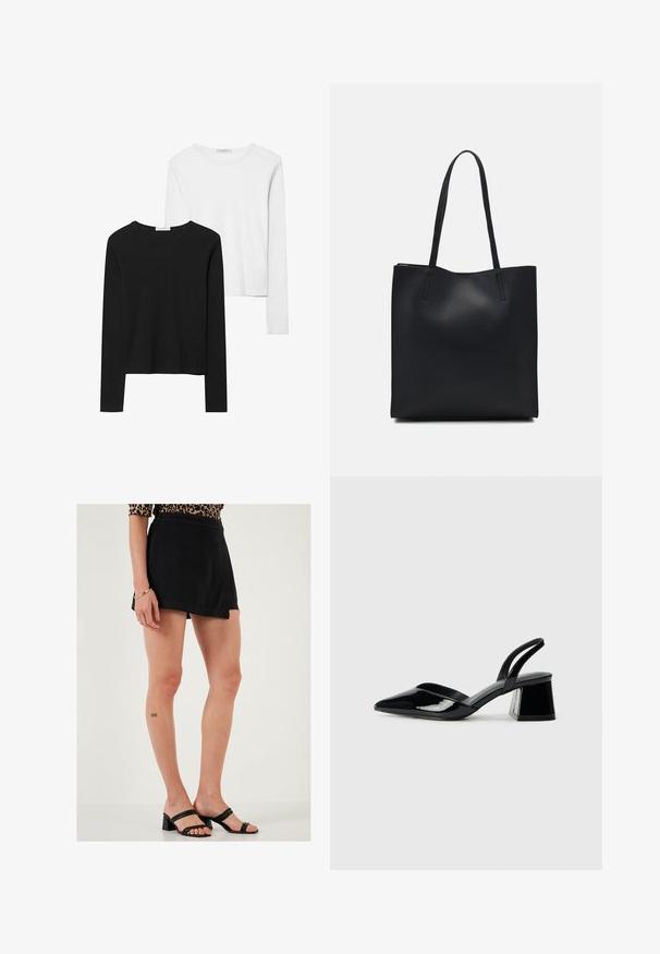 Musta ja valkoinen pitkähihainen t-paita, jossa on pyöreät kaula-aukot, pehmeä kangas ja vartalonmyötäinen muotoilu suorin helmoin.; LELA Shortsit - black; Mustat patentoitu nahkakengät, joissa on säären takaosa ja terävä kärki, sekä geometrinen palikkakorko. Sisältää tyylikkään, minimalistisen muotoilun ja sileän pinnan.; Mustapahkainen kangaskassi, jossa on sileä pinta, suorakaiteen muotoinen ja kaksi pitkää kahvaa. Ei näkyvää metalliosaa tai koristeita.