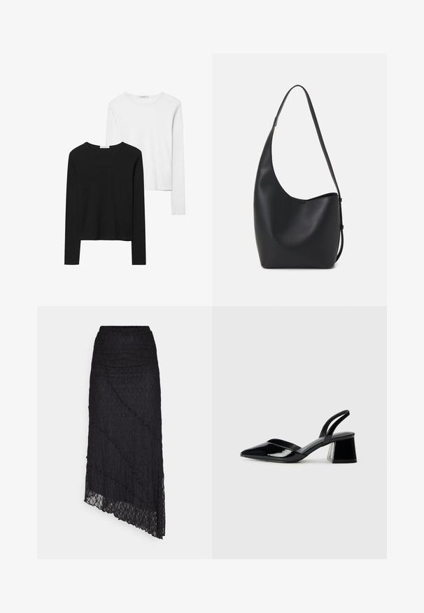 Schwarz-weiß gestreifte Langarmshirts mit Rundhalsausschnitten, weichem Stoff und einer taillierten Passform mit geraden Säumen.; ONLY ONLKIM LACE SKIRT - Maxirock - black; Schwarze Lackleder-Slingback-High Heels mit spitzem Schuh und einem geometrischen Blockabsatz. Verfügt über ein schlankes, minimalistisches Design und eine glatte Textur.; Schwarze Leder-Hobo-Tasche mit einer glatten Textur, geschwungener Form und einem einzelnen verstellbaren Tragegurt; verfügt über eine weite Öffnung am oberen Ende.