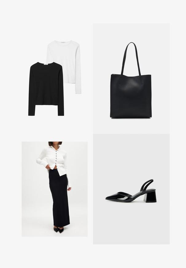 Črno-beli dolg rokav t-shirti z okroglimi izrezi, mehkim blagom in prilegajočim dizajnom z ravnimi robovi.; Bela rebrasta cardigan s gumbi, oblečena čez črno, tesno prilegajočo maxi krilo. Obleka vključuje elegantne črne špicate.; Črne lakirane slingback pete s koničastim nosom in geometrijsko blokasto peto. Imajo eleganten, minimalističen dizajn in gladko teksturo.; Črna usnjena torba s svilnato teksturo, pravokotne oblike in dvema dolgima ročajema. Brez vidnih metalnih delov ali okrasnih elementov.