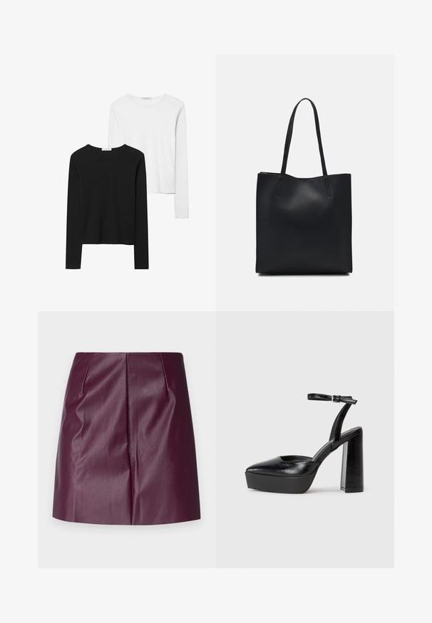 Črno-beli dolg rokav t-shirti z okroglimi izrezi, mehkim blagom in prilegajočim dizajnom z ravnimi robovi.; Vero Moda Petite VMNELLY - Krilo A-kroja - winetasting; Črne platforme z visokimi petami in koničastim nosom ter nastavljivim gležnjenjskim trakom. Narejene iz gladke usnje, s kockasto peto.; Črna usnjena torba s svilnato teksturo, pravokotne oblike in dvema dolgima ročajema. Brez vidnih metalnih delov ali okrasnih elementov.
