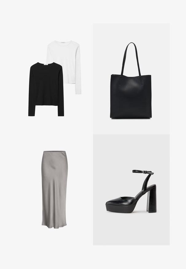 Sorte og hvide langærmede t-shirts med rund hals, blødt stof og en tætsiddende design med lige kant.; Grå satin midi-nederdel med en glat tekstur, en let glans og en udskåret kant, med et enkelt, rent design hele vejen igennem.; Sorte platformhæle med spidse tæer og justerbar ankelrem. Construeret i glat læder, med en kraftig blokhæl.; Sort læder tote taske med glat tekstur, rektangulær form og to lange hanke. Ingen synlig hardware eller udsmykninger.