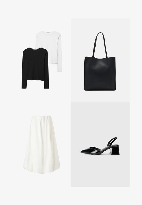 Black and white long-sleeve t-shirts, featuring round necklines, soft fabric, and a fitted design with straight hems.; White, knee-length skirt with an elastic waistband, featuring a flowy design and lightweight fabric that drapes softly. No visible patterns.; Black patent leather slingback heels with a pointed toe and a geometric block heel. Features a sleek, minimal design and smooth texture.; Black leather tote bag with smooth texture, rectangular shape, and two long handles. No visible hardware or embellishments.