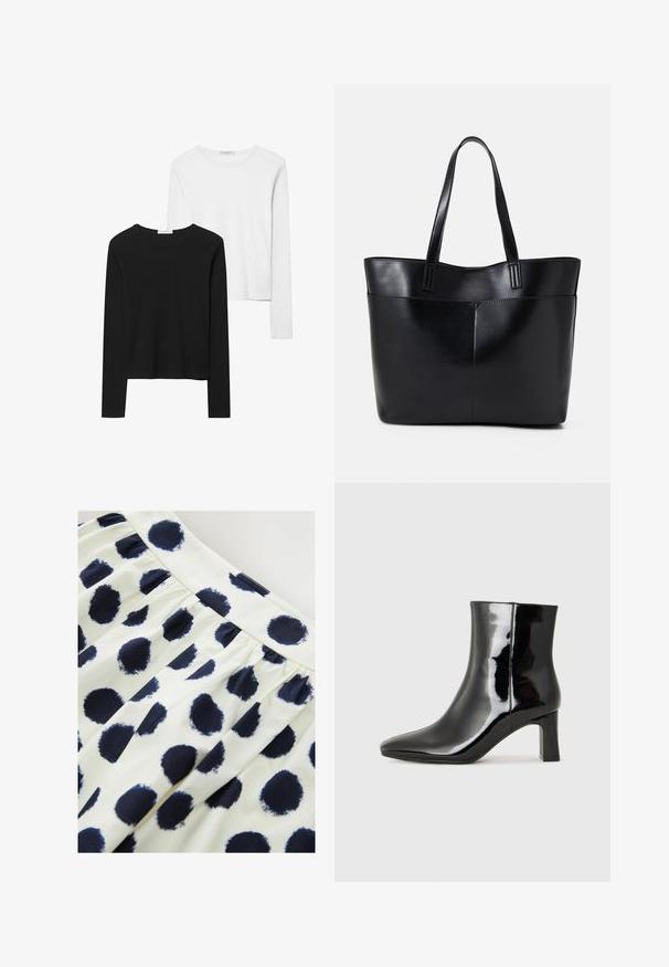 Black and white long-sleeve t-shirts, featuring round necklines, soft fabric, and a fitted design with straight hems.; White fabric skirt featuring navy blue circular polka dots. Skirt has a gathered waist and a smooth texture.; Black patent leather ankle boot with a pointed toe and a mid-height block heel. Smooth texture and minimalist design.; Black leather tote bag with two long handles, a smooth texture, and a structured shape. Features a front pocket for additional storage.
