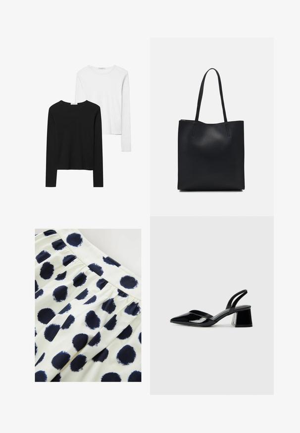 Black and white long-sleeve t-shirts, featuring round necklines, soft fabric, and a fitted design with straight hems.; White fabric skirt featuring navy blue circular polka dots. Skirt has a gathered waist and a smooth texture.; Black patent leather slingback heels with a pointed toe and a geometric block heel. Features a sleek, minimal design and smooth texture.; Black leather tote bag with smooth texture, rectangular shape, and two long handles. No visible hardware or embellishments.