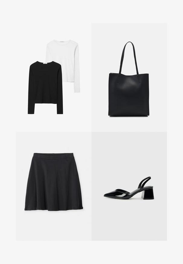 T-shirts à manches longues noir et blanc, avec des encolures rondes, un tissu doux et un design ajusté avec des ourlets droits.; Jupe noire midi en forme A avec une taille ajustée, fabriquée en tissu côtelé, présentée sur un fond blanc uni.; Escarpins en cuir verni noir avec bout pointu et talon bloc géométrique. Présente un design élégant et minimaliste ainsi qu'une texture lisse.; Sac fourre-tout en cuir noir avec une texture lisse, de forme rectangulaire et deux longues poignées. Pas de matériel ou d'ornementations visibles.