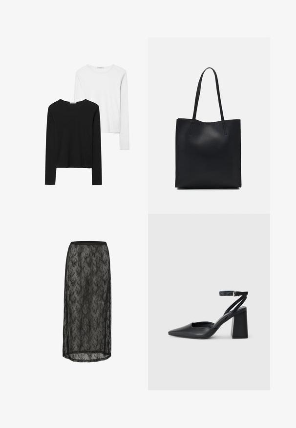 T-shirts à manches longues noir et blanc, avec des encolures rondes, un tissu doux et un design ajusté avec des ourlets droits.; Jupe midi en dentelle noire avec un motif floral, taille élastique et tissu transparent avec des fentes latérales pour plus de détails et de mouvement.; Escarpin noir en cuir à bout pointu avec une bride de cheville et un talon épais. Texture lisse, design élégant et esthétique minimaliste.; Sac fourre-tout en cuir noir avec une texture lisse, de forme rectangulaire et deux longues poignées. Pas de matériel ou d'ornementations visibles.