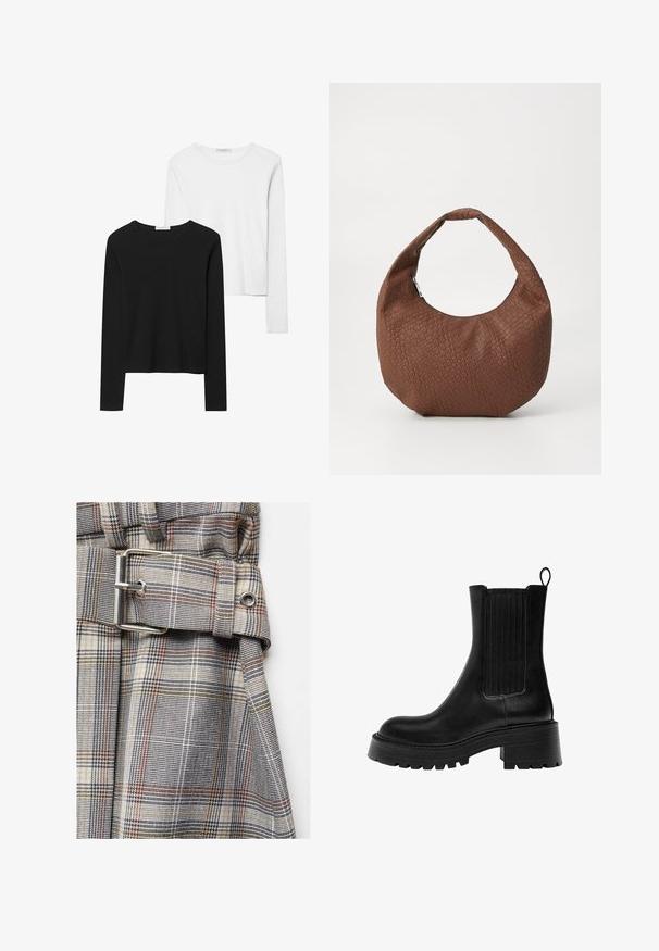 Svart- och vitfärgade långärmade t-shirts med rund halsringning, mjukt tyg och en åtsittande design med raka fållar.; Rutigt tygbälte med silverfästen som visar ett mönster av svart, grått och subtila accenter i orange och gult. Strukturerad yta.; Svart läderankelstövel med en kraftig sula, texturerade sidopaneler och en dragflik. Har en slät yta och en rundad tå.; Brun vävd handväska med rundad form, försedd med ett enda, vadderat handtag och en texturerad yta. Ingen synlig hårdvara eller detaljer.