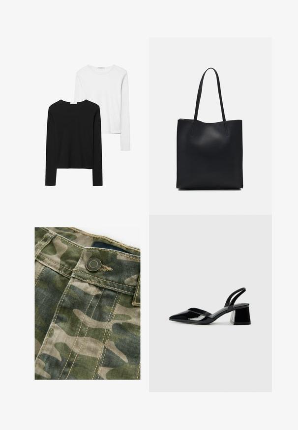 Black and white long-sleeve t-shirts, featuring round necklines, soft fabric, and a fitted design with straight hems.; Camo-patterned fabric in shades of green and beige with visible stitching. Features a metal button at the waist, denim texture.; Black patent leather slingback heels with a pointed toe and a geometric block heel. Features a sleek, minimal design and smooth texture.; Black leather tote bag with smooth texture, rectangular shape, and two long handles. No visible hardware or embellishments.