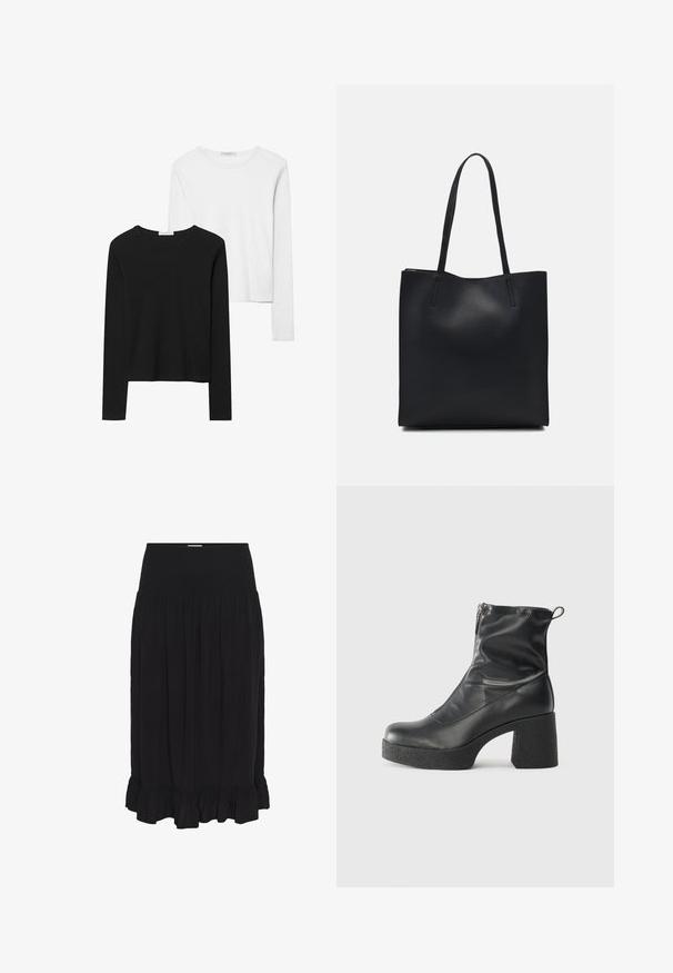 Schwarz-weiß gestreifte Langarmshirts mit Rundhalsausschnitten, weichem Stoff und einer taillierten Passform mit geraden Säumen.; Schwarze Midikombination mit einem gerafften Bund, aus leichtem Stoff, mit Falten und einem gerafften Saum für zusätzliche Details.; Schwarze Stiefeletten aus glattem Leder mit seitlichem Reißverschluss, klobigem strukturiertem Absatz und runder Zehenform.; Schwarze Laptoptasche aus Leder mit glatter Textur, rechteckiger Form und zwei langen Griffen. Keine sichtbaren Beschläge oder Verzierungen.