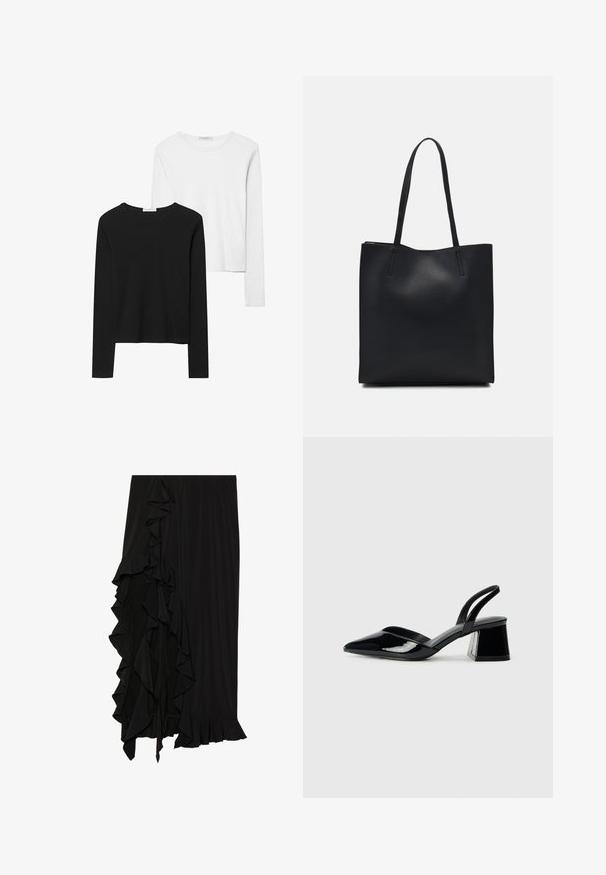 Schwarz-weiß gestreifte Langarmshirts mit Rundhalsausschnitten, weichem Stoff und einer taillierten Passform mit geraden Säumen.; Schwarzer Rock aus weichem Stoff mit einer Rüsche entlang der linken Seite und einem ausgestellten Saum am unteren Ende, der eine fließende Silhouette erzeugt.; Schwarze Lackleder-Slingback-High Heels mit spitzem Schuh und einem geometrischen Blockabsatz. Verfügt über ein schlankes, minimalistisches Design und eine glatte Textur.; Schwarze Laptoptasche aus Leder mit glatter Textur, rechteckiger Form und zwei langen Griffen. Keine sichtbaren Beschläge oder Verzierungen.