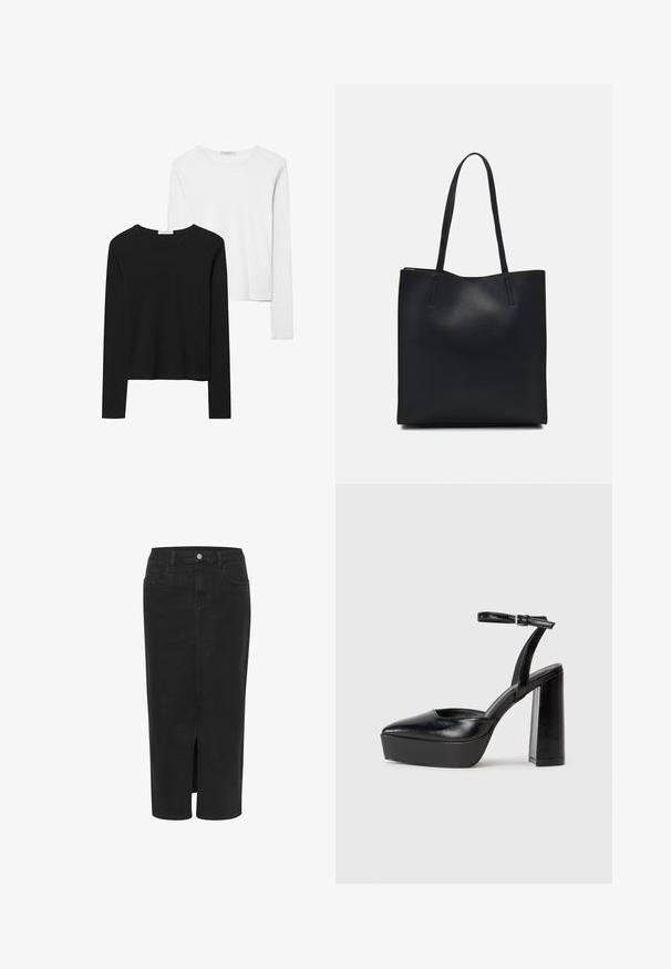Svart- och vitfärgade långärmade t-shirts med rund halsringning, mjukt tyg och en åtsittande design med raka fållar.; Svart denim midi kjol med framficka, rak skärning, fem fickor, knappstängning och bältesömlingar. Mjuk textur och klassisk design.; Svarta plattformsskor med spetsig tå och justerbart vristband. Tillverkade av mjukt läder, med en kraftig blockklack.; Svart lädertoffelväska med slät textur, rektangulär form och två långa handtag. Ingen synlig hårdvara eller dekorationer.