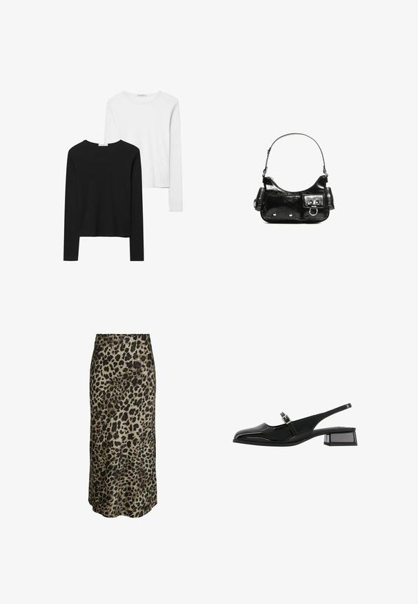 Crne i bijele majice dugih rukava, s okruglim izrezima, mekanim materijalom i uskim krojem sa ravnim rubovima.; Midi suknja s leopardskim uzorkom izrađena od svilenog materijala. Karakterizira ju glatka tekstura, neutralna bež pozadina s tamnosmešnim i crnim točkicama.; Bershka BLOCK BUCKLED - MARY JANES 11626560 - Klasične cipele s visokom petom - black; Crna patentna kožna torba s zakrivljenim oblikom, jednim remenom za rame, prednjim džepovima i akcentima od srebrnog tona.