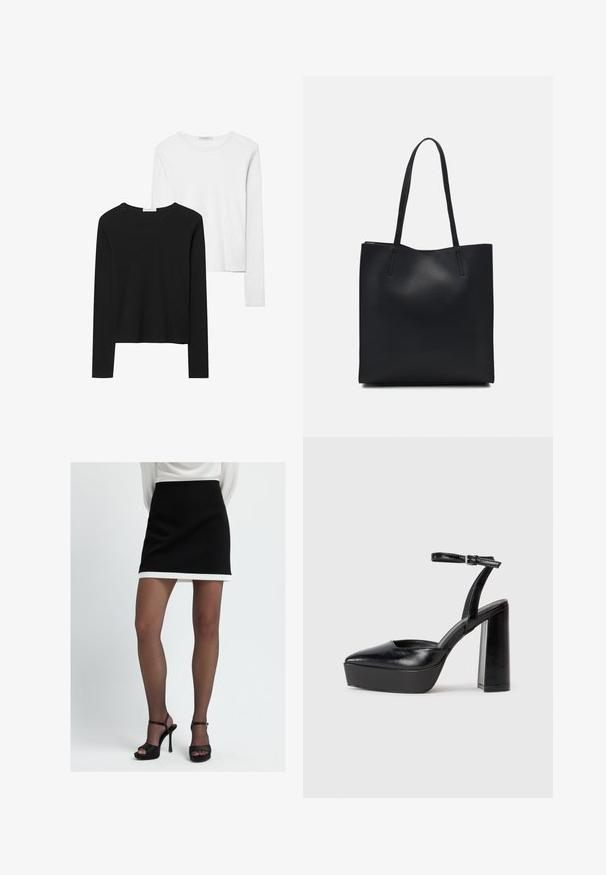 Sorte og hvide langærmede t-shirts med rund hals, blødt stof og en tætsiddende design med lige kant.; Sort mini-nederdel med en hvid kant, lavet af glat stof. Parret med sorte platform sandaler, der viser et minimalistisk design.; Sorte platformhæle med spidse tæer og justerbar ankelrem. Construeret i glat læder, med en kraftig blokhæl.; Sort læder tote taske med glat tekstur, rektangulær form og to lange hanke. Ingen synlig hardware eller udsmykninger.
