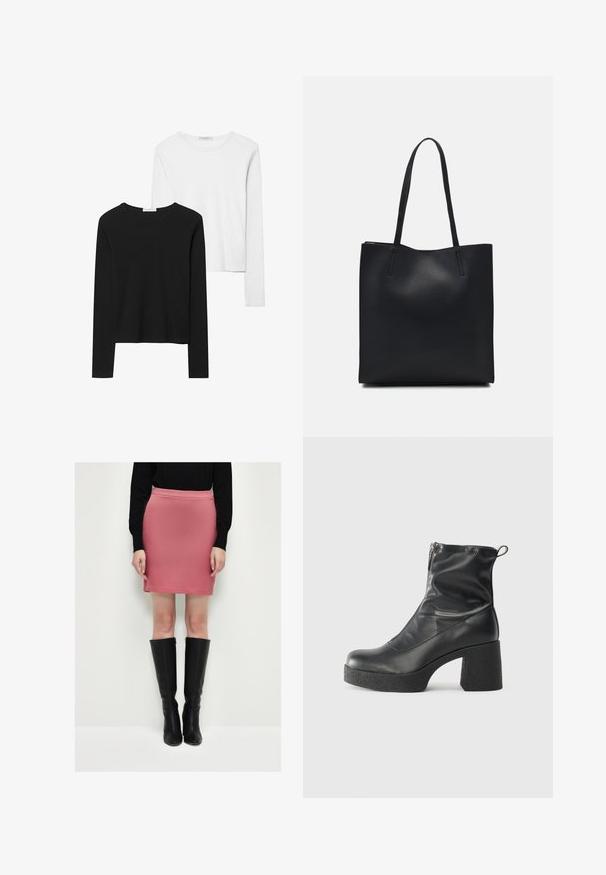 Musta ja valkoinen pitkähihainen t-paita, jossa on pyöreät kaula-aukot, pehmeä kangas ja vartalonmyötäinen muotoilu suorin helmoin.; Vaaleanpunainen istuva hame teksturoidusta kankaasta, yhdistettynä mustiin polvimittaisiin nahkasaappaisiin. Yksinkertainen muotoilu sileällä vyötärönauhalla.; Mustat nilkkurit, jotka on valmistettu sileästä nahasta. Niissä on sivuvetoketju, paksu teksturoitu korko ja pyöristetty kärki.; Mustapahkainen kangaskassi, jossa on sileä pinta, suorakaiteen muotoinen ja kaksi pitkää kahvaa. Ei näkyvää metalliosaa tai koristeita.