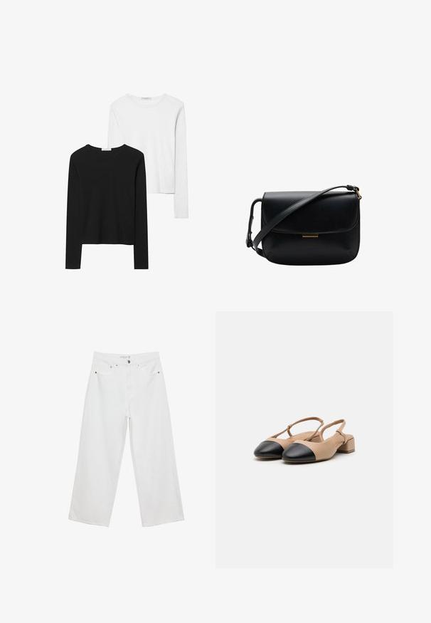Sorte og hvide langærmede t-shirts med rund hals, blødt stof og en tætsiddende design med lige kant.; Hvide bukser med bred benvidde lavet af denim med høj talje, der har fem lommer og metalhardware. Glat tekstur, uden synlige mønstre.; Beige læder slingback sko med sort tophætte, blokhæle og justerbar rem. Glat tekstur og minimalistisk design.; Sort læder crossbody taske med klaplukning og justerbar skulderrem, med en lille rektangulær guldaccent.