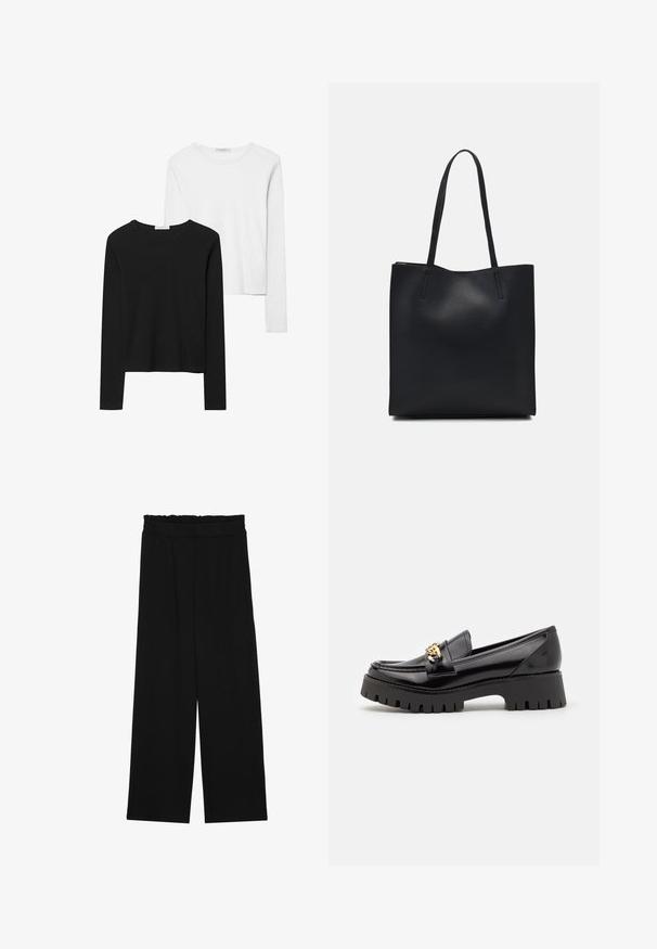 Čierne a biele tričká s dlhým rukávom, s okrúhlymi výstrihmi, jemnou tkaninou a priliehavým strihom so rovnými spodnými krajmi.; Čierne široké nohavice s volánovým pásom, obsahujúce dve bočné vrecká a hladký, ľahký materiál. Žiadne viditeľné vzory ani kovové príslušenstvo.; Čierne lakované kožené mokasíny s hrubou, zúbkovanou čiernou podrážkou a zlatým hardvérom na prednej strane. Hladká textura, klasický dizajn.; Čierna kožená taška na rameno s hladkým povrchom, obdĺžnikovým tvarom a dvoma dlhými uchami. Bez viditeľného kovania alebo ozdôb.