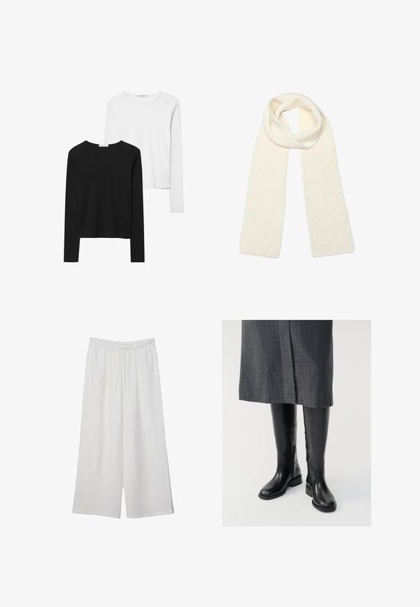 Czarno-białe koszulki z długim rękawem, z okrągłymi dekoltami, z miękkiego materiału, o dopasowanym kroju i prostych zakończeniach.; Białe szerokie spodnie wykonane z lekkiego materiału, z elastyczną talią i sznurkiem do regulacji fasonu. Gładka tekstura.; Czarny skórzany buty do kolan o gładkiej fakturze, z zamkami błyskawicznymi po bokach i płaską podeszwą. Buty mają usztywnioną cholewkę i minimalną ilość okucia.; Miękki, dziany szalik w kolorze kremowym, luźno złożony u góry, z obiema końcówkami zwisającymi prosto w dół.; Czarna skórzana torba na ramię z klapką i regulowanym paskiem, z małym prostokątnym złotym akcentem.