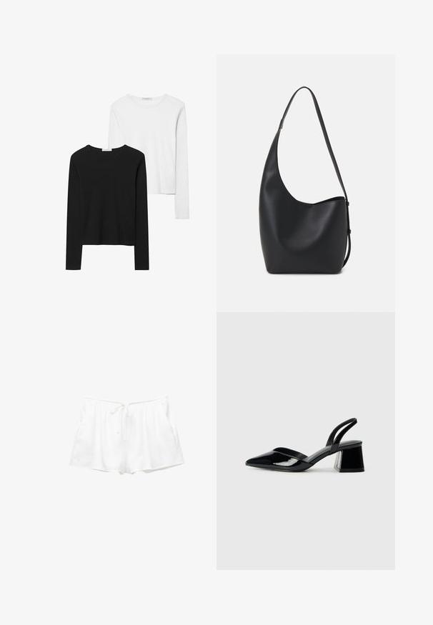 Sorte og hvide langærmede t-shirts med rund hals, blødt stof og en tætsiddende design med lige kant.; Hvide bomuldsbukser med elastisk talje, justerbar snor og sidelommer. Blød tekstur og enkelt design med en løs pasform.; Sorte patentlæder slingback hæle med spids tå og en geometrisk blok hæl. Har et elegant, minimalistisk design og en glat tekstur.; Sort læder hobo taske med en glat overflade, buet form og en enkelt justerbar rem; har en bred åbning øverst.