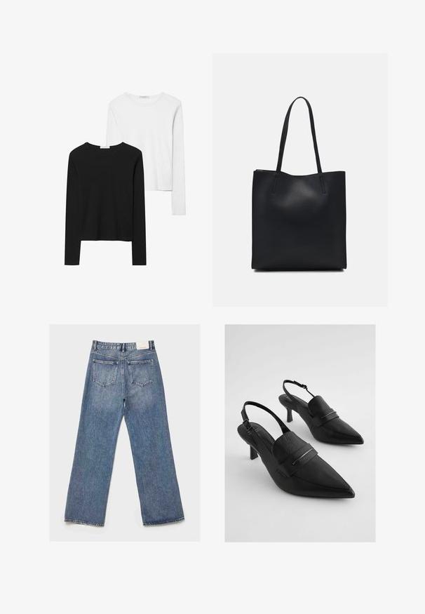 Musta ja valkoinen pitkähihainen t-paita, jossa on pyöreät kaula-aukot, pehmeä kangas ja vartalonmyötäinen muotoilu suorin helmoin.; Vaalean siniset farkut, joissa on löysä ja leveä malli. Kaksi takataskua, haalistunut pinta ja vyötärönauhan etiketti takana.; Musta nahkainen slingback-kengät, jossa on terävät varpaat, leveä etuhihna ja hopeanvärinen yksityiskohta. Rakenteellinen pinta, keskikorkea korko.; Mustapahkainen kangaskassi, jossa on sileä pinta, suorakaiteen muotoinen ja kaksi pitkää kahvaa. Ei näkyvää metalliosaa tai koristeita.